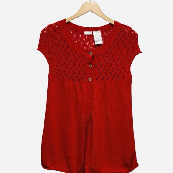 Y2K Babydoll Cherry Tomato Red Cardigan Sweater Knit Short Sleeve Womens Medium - Picture 1 of 7